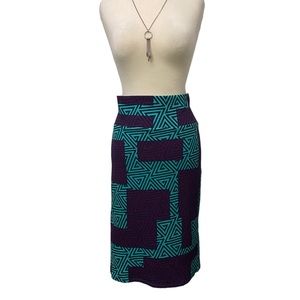 LuLaRoe bright aqua purple triangle rectangle print midi stretch skirt size 3 XL